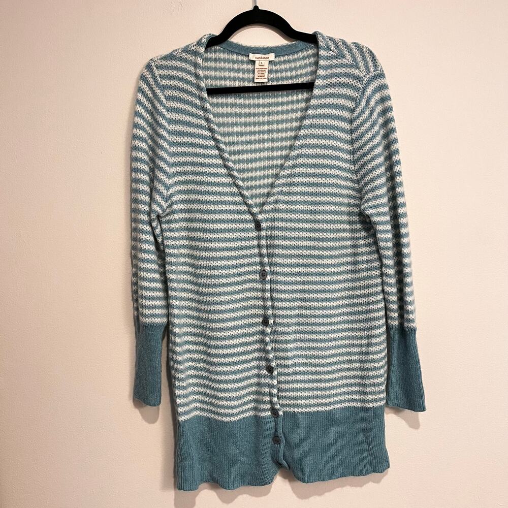Sundance Sweater White Aqua Stripe Cardigan Lambswool Wool Mohair Blend Large - Picture 1 of 4